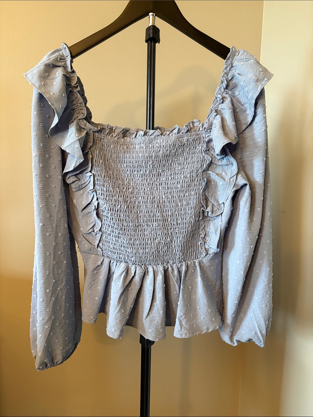 Altar'd State Size Med Smocked Front Light Blue Blouse, Long Sleeve